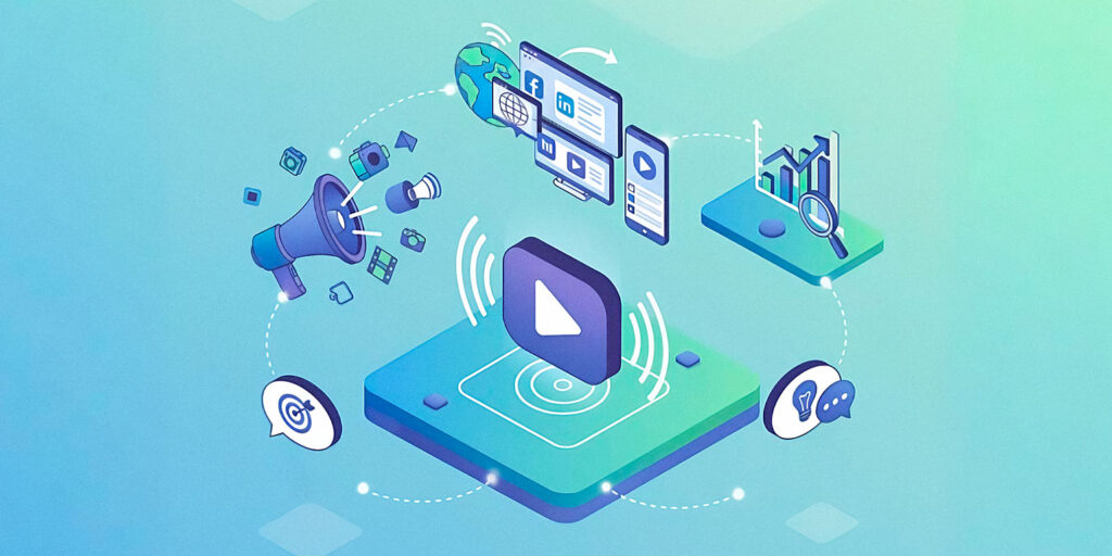 Ilustración de estrategia de marketing y comunicación audiovisual con videos, redes sociales y análisis de resultados.
