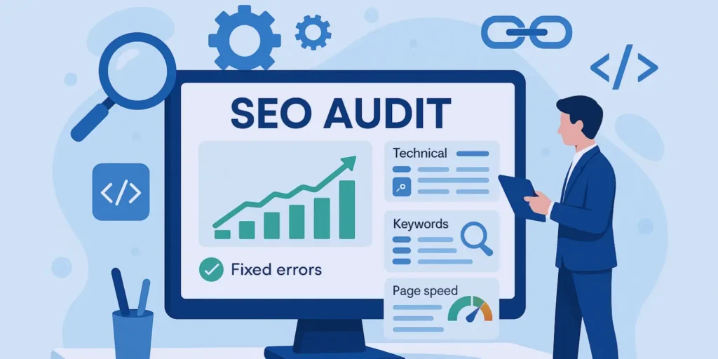 Ilustración de un profesional analizando un sitio web con gráficos y métricas técnicas como parte de un servicio de auditoría SEO, destacando errores corregidos, velocidad de carga y análisis de palabras clave.
