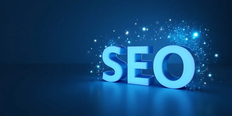 Representación visual del concepto SEO con letras brillantes en 3D sobre fondo azul, ideal para ilustrar la importancia de un servicio de auditoría SEO en el posicionamiento digital.